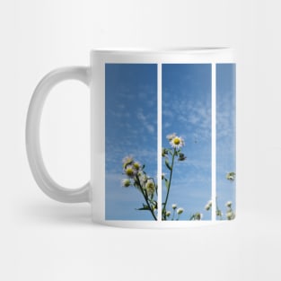 Cirrocumulus clouds in blue sky; sunny peaceful spring day. Bee is coming to white and yellow flowers to pollinate. Water in a gaseous state in nature. The atmosphere of the earth. Symbol of freedom Mug